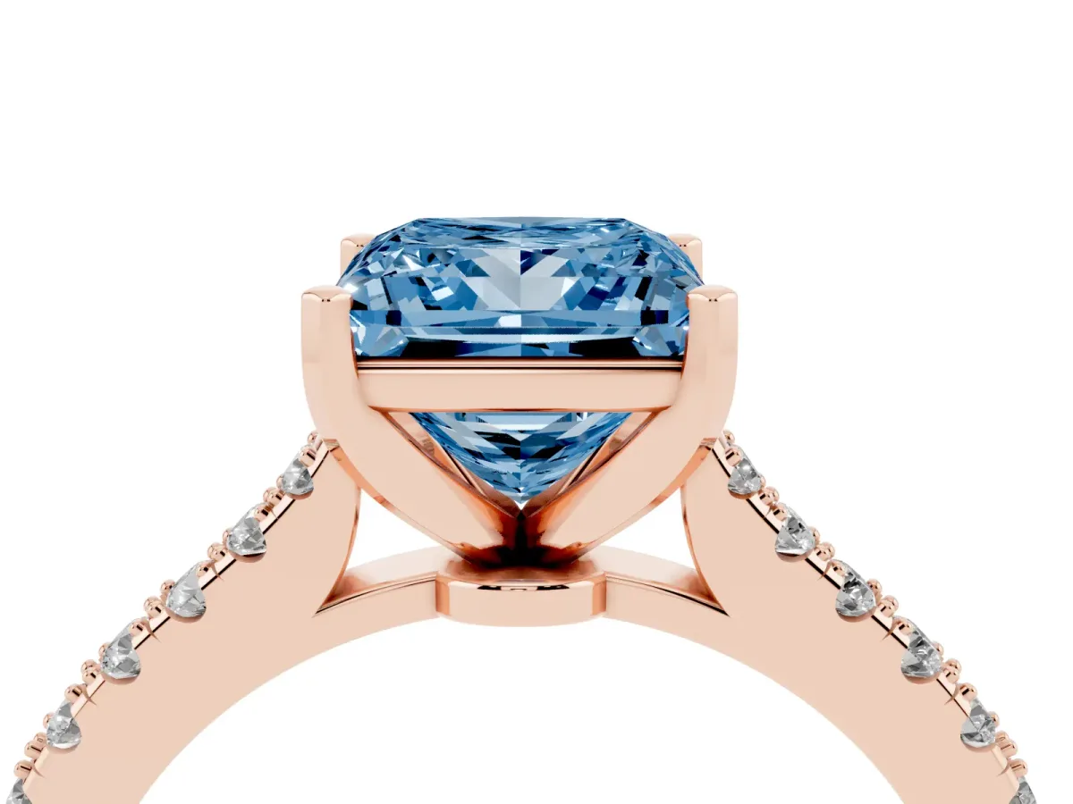 Fancy Blue Princess Cut Cut Solitaire Diamond Engagement Ring with Pave Band and Four-Prong Setting Rose gold