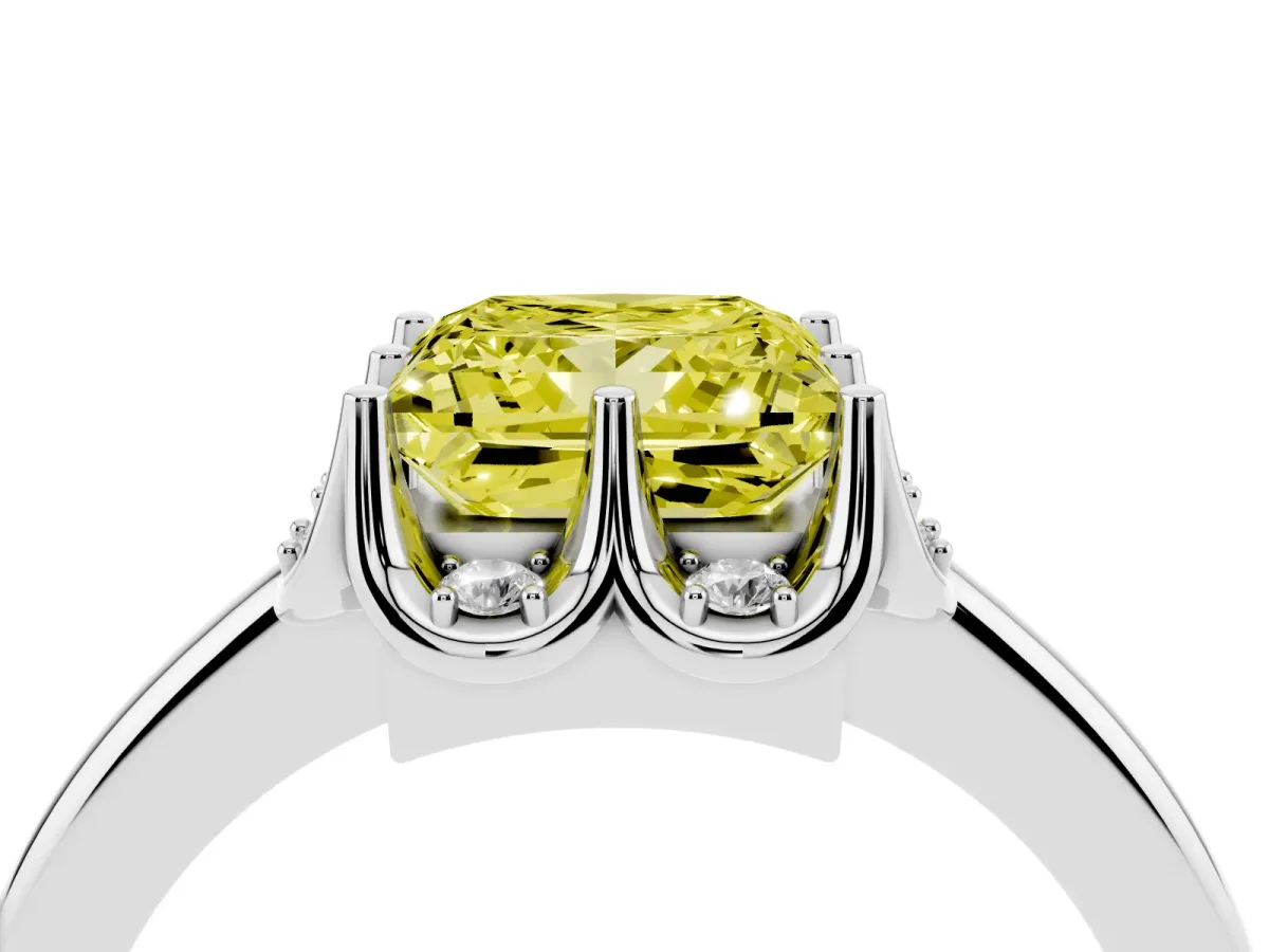 Fancy Yellow Princess Cut Halo Diamond Ring with Round Cluster Setting, Solitaire Band, and Four-Prong Setting Silver