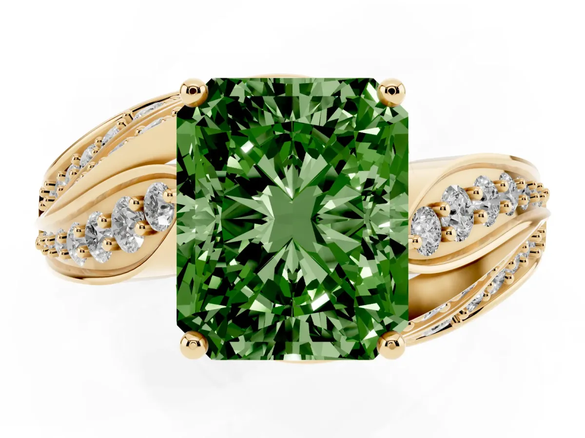 Fancy Green Radiant Cut Diamond Solitaire Ring with Prong Setting and Twisted Pavé Band Yellow gold