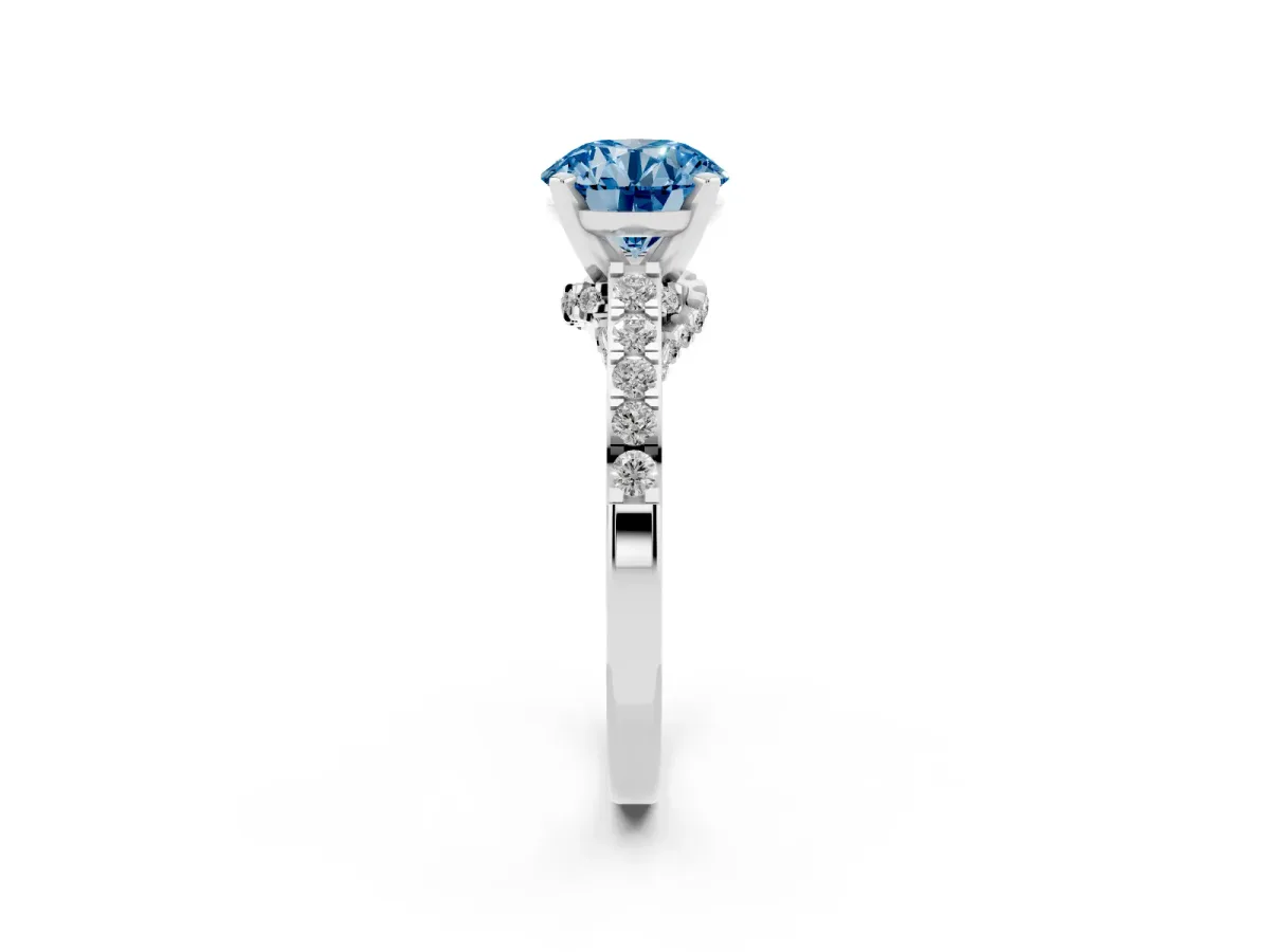 Fancy Blue Round Cut Diamond Solitaire Ring with Crossover Gallery and Round Pavé Band Silver