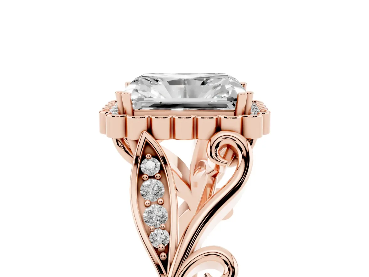 Radiant Cut Diamond Halo Ring with Vintage Split Shank and Four-Prong Setting Rose gold