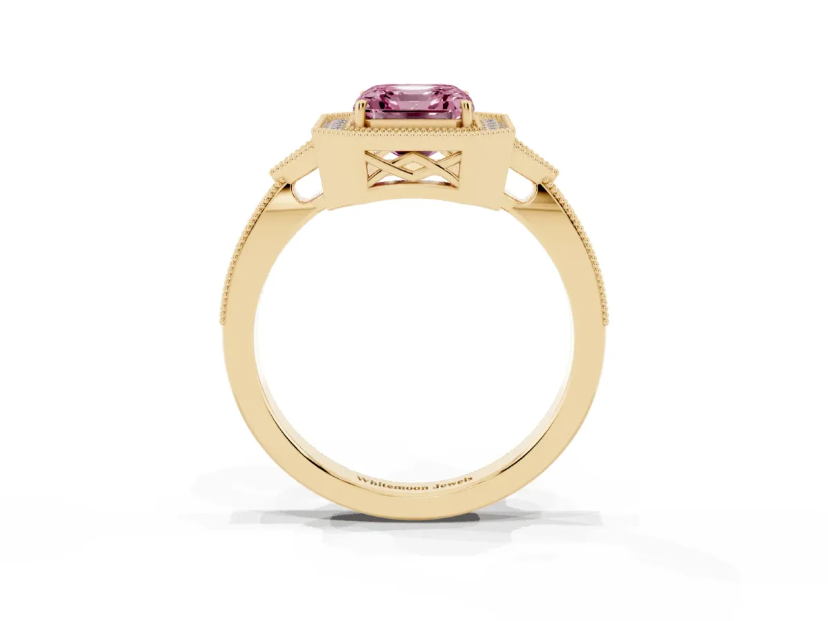 Fancy Pink Asscher Cut Halo Round Diamond Milgrain Pave Engagement Ring Yellow gold