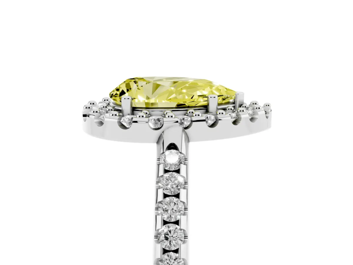 Fancy Yellow Pear Cut Diamond Pavé Halo Ring with Four-Prong Setting Silver