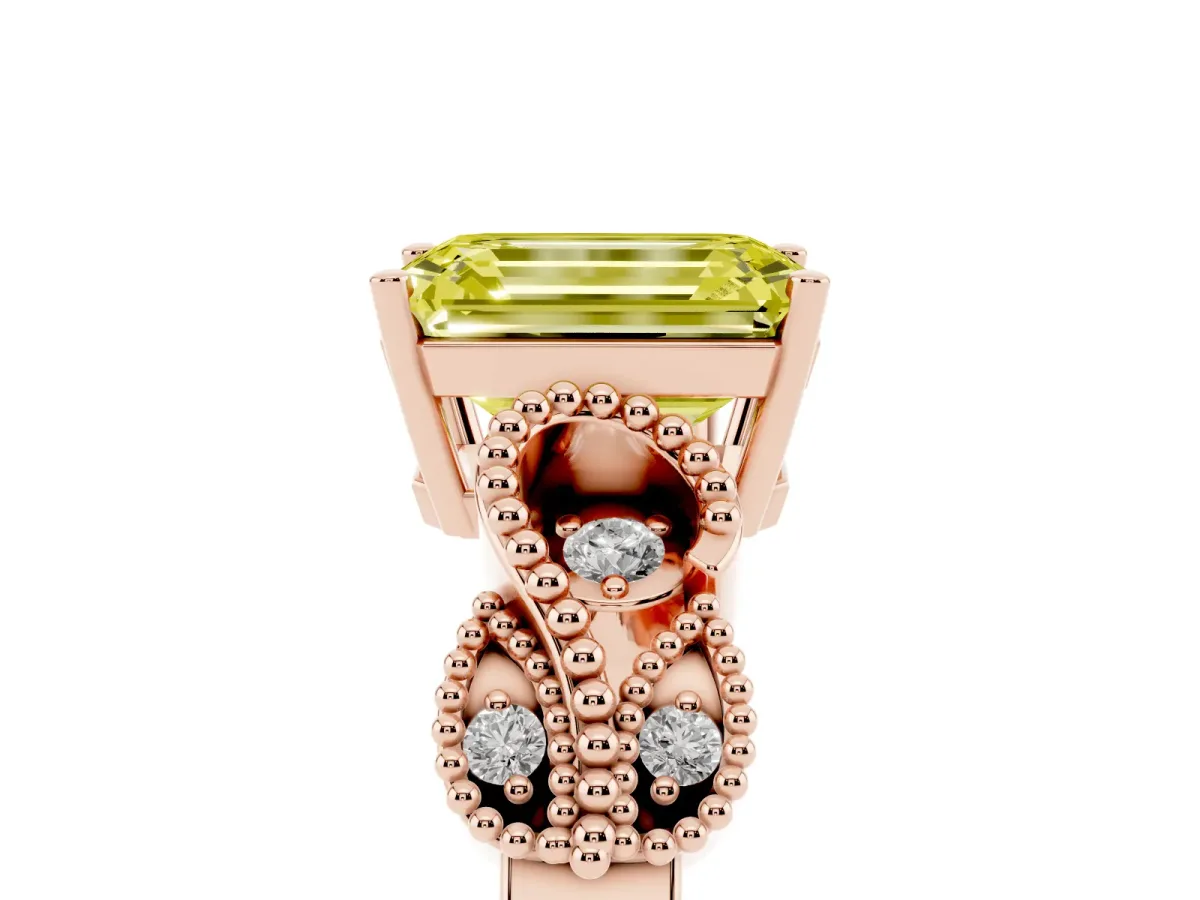 Fancy Yellow Emerald Cut Solitaire Milgrain Leaf Band with Prong Setting Rose gold
