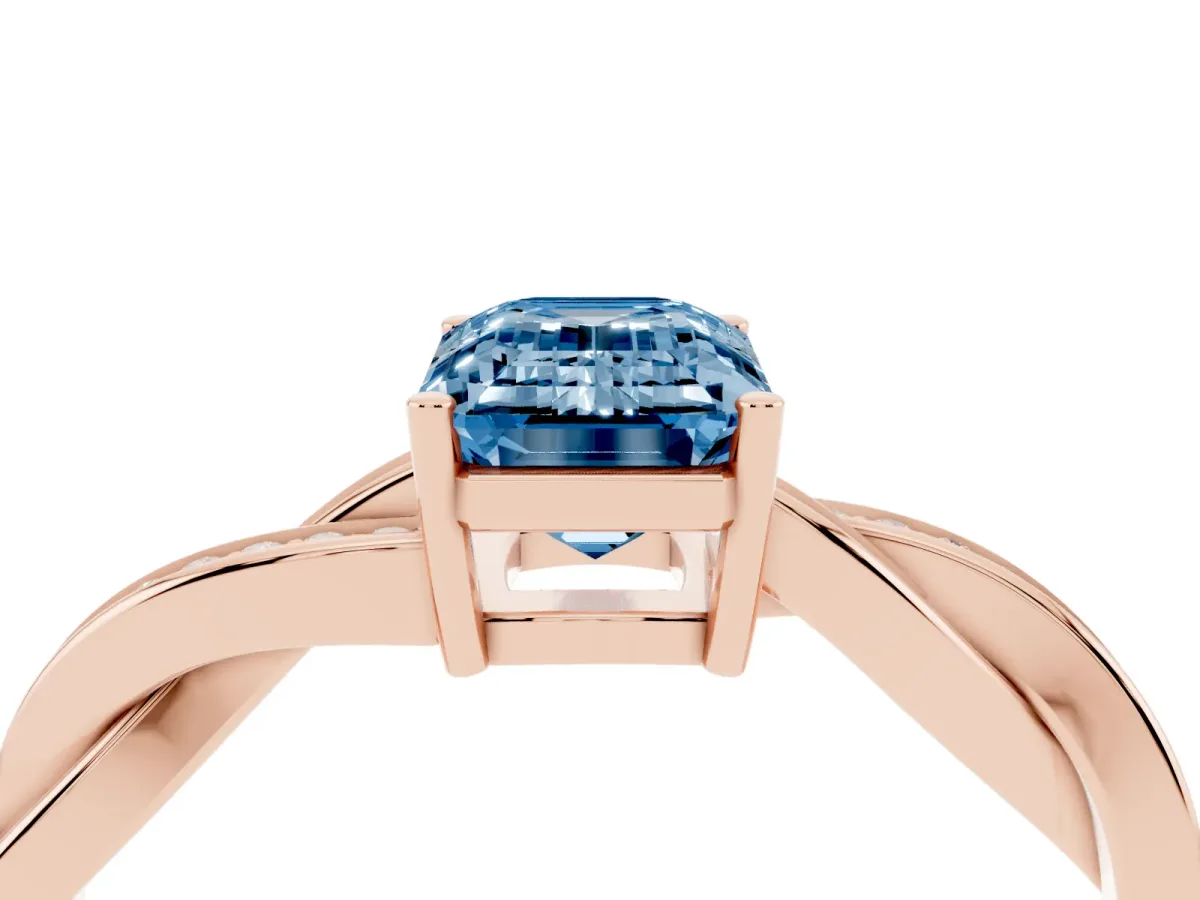 Fancy Blue Emerald Cut Solitaire Twisted Pave Diamond Ring with Four-Prong Setting Rose gold