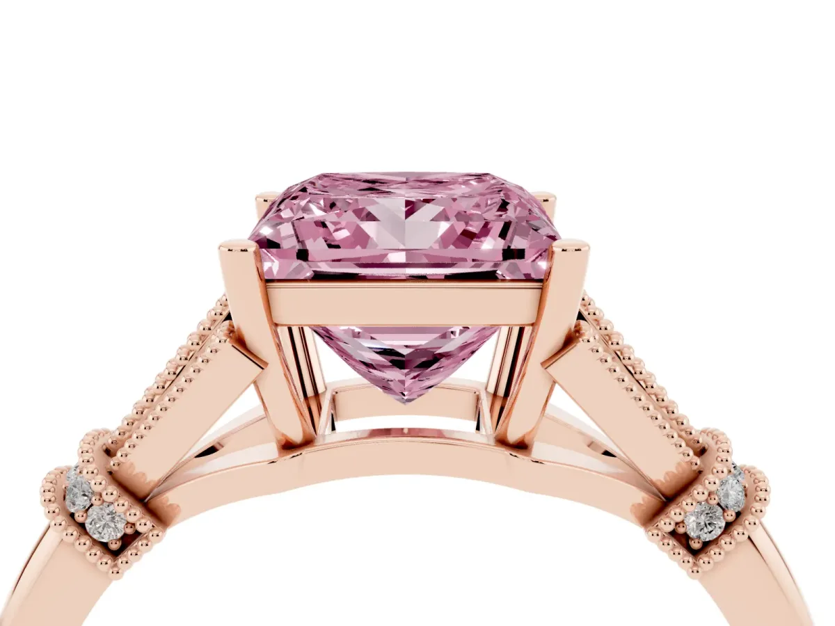 Fancy Pink Princess Cut Diamond Solitaire Ring with Floral Filigree and Pave Accents Rose gold