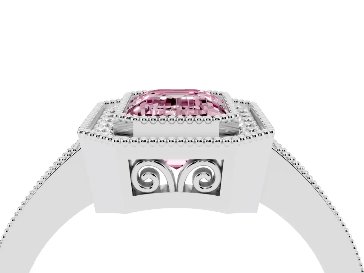 Fancy Pink Emerald Cut Cut Halo Diamond Ring with Pavé Band and Milgrain Prong Setting Silver