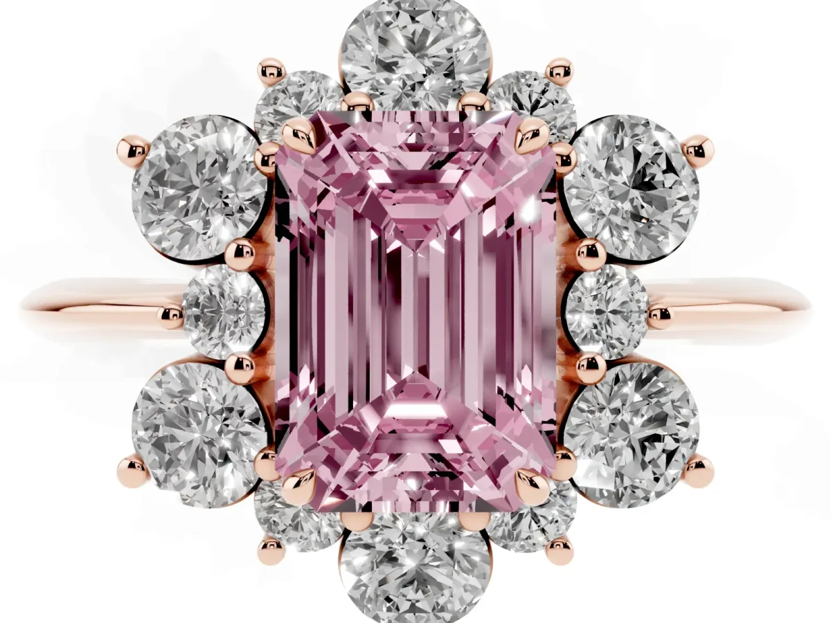 Fancy Pink Emerald Cut Diamond Cluster Halo Ring with Solitaire Band and Four-Prong Setting Rose gold
