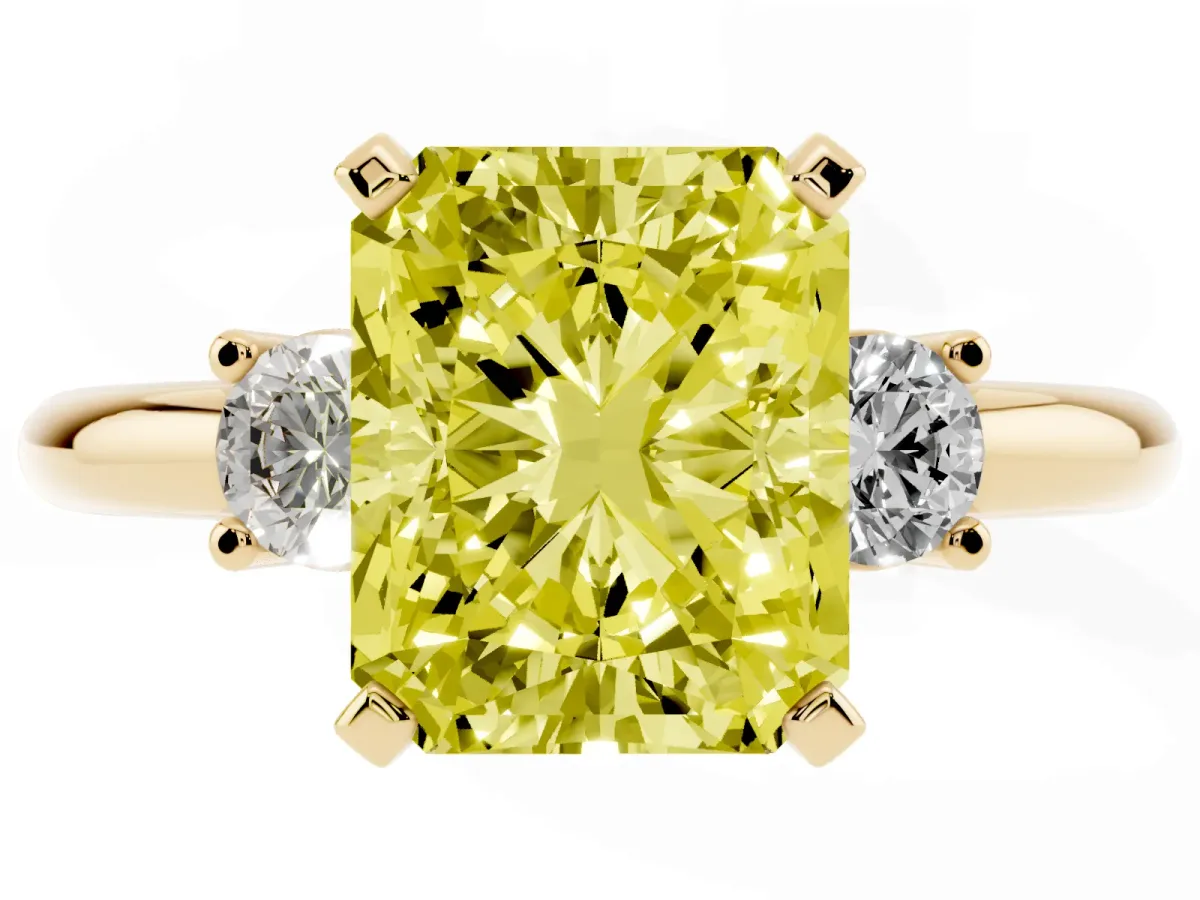 Fancy Yellow Three-Stone Radiant Cut Cut Diamond Solitaire with Prong Setting and Classic Band Yellow gold