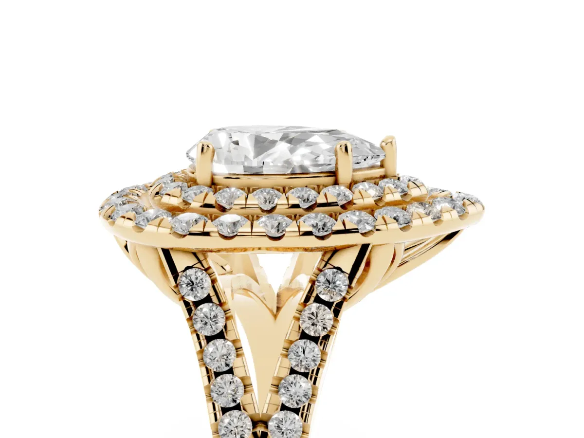 Double Halo Pear Cut Diamond Pavé Split Shank Ring with Prong Setting Yellow gold