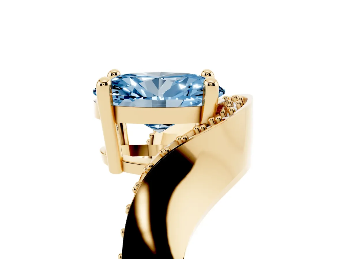 Fancy Blue Oval Cut Solitaire Diamond Engagement Ring with Pave Band and Four-Prong Setting Yellow gold