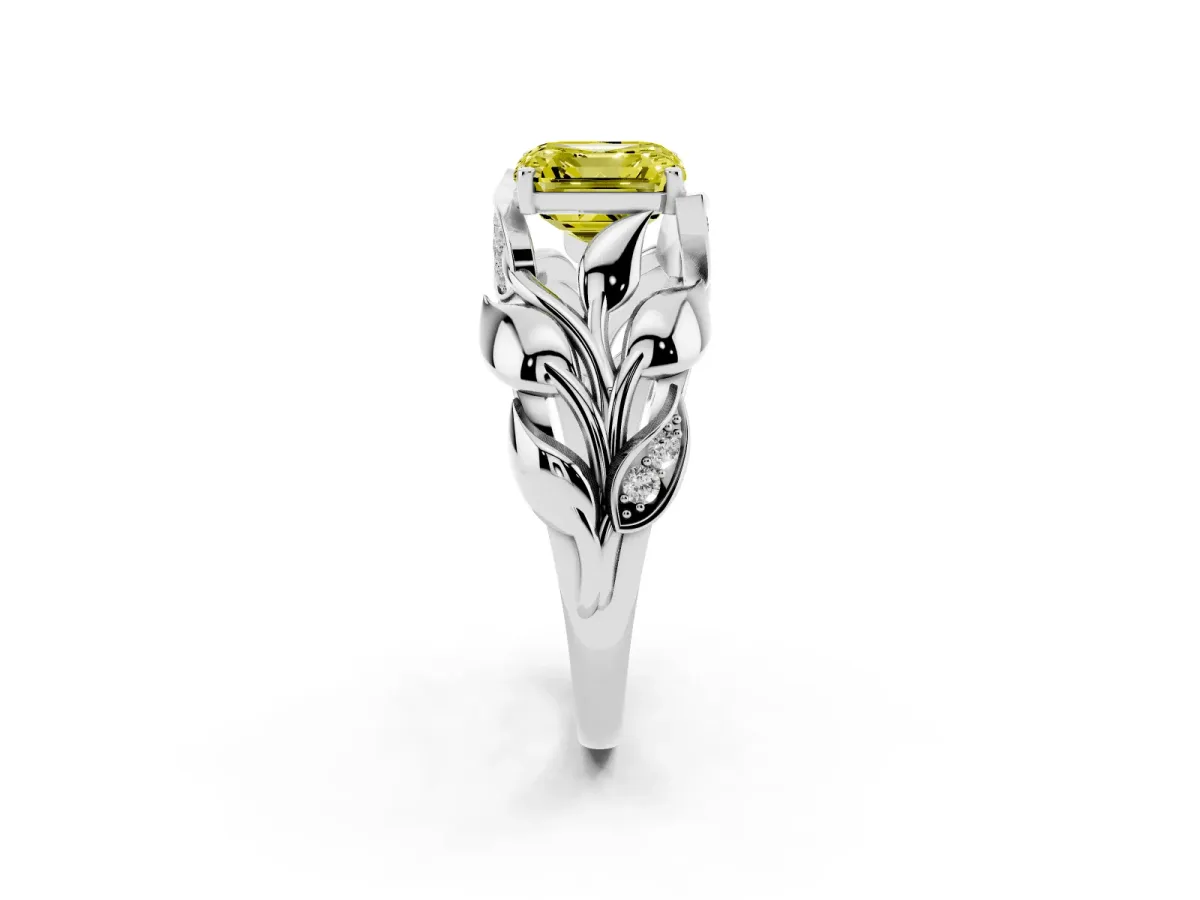 Fancy Yellow Asscher Cut Diamond Leaf-Inspired Engagement Ring with Round Accents and Prong Setting White gold