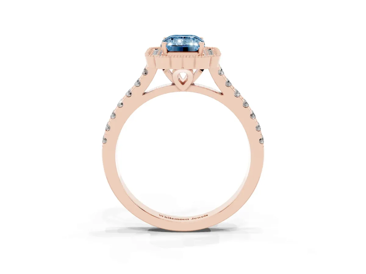 Fancy Blue Emerald Cut Cut Diamond Milgrain Floral Halo Engagement Ring with Pavé Band Rose gold