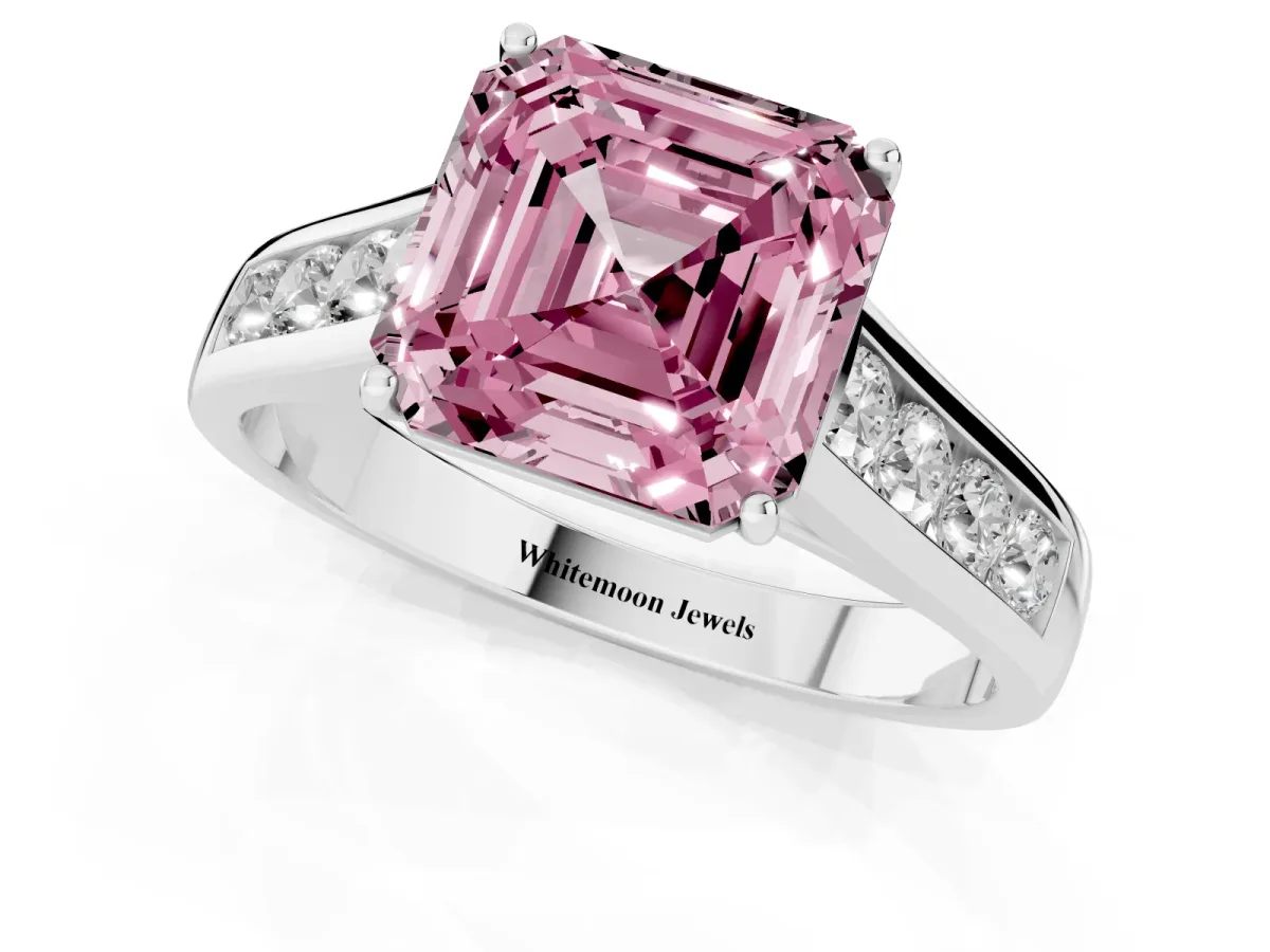 Fancy Pink Asscher Cut Solitaire Channel-Set Diamond Engagement Ring with Four-Prong Setting Silver