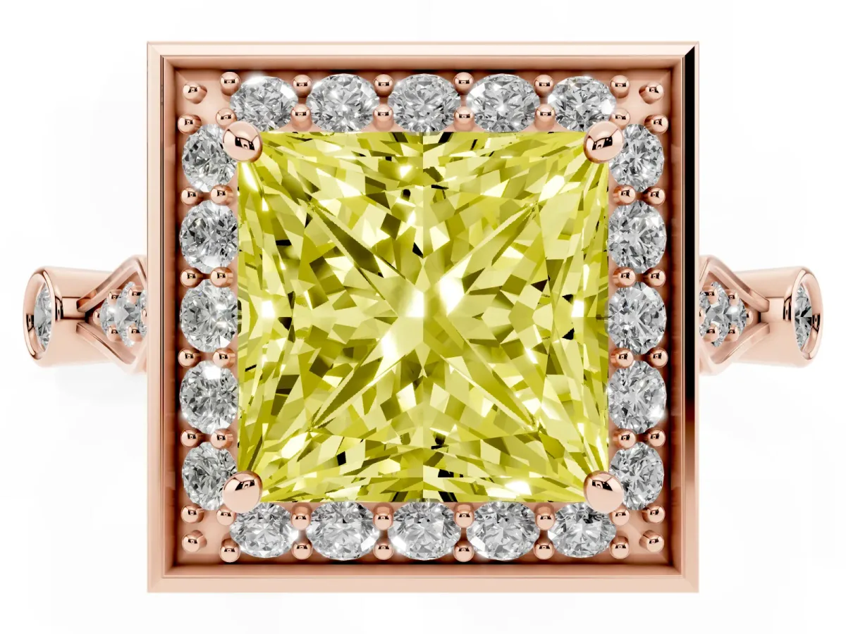Fancy Yellow Princess Cut Halo Diamond Engagement Ring with Twisted Band and Four-Prong Setting Rose gold