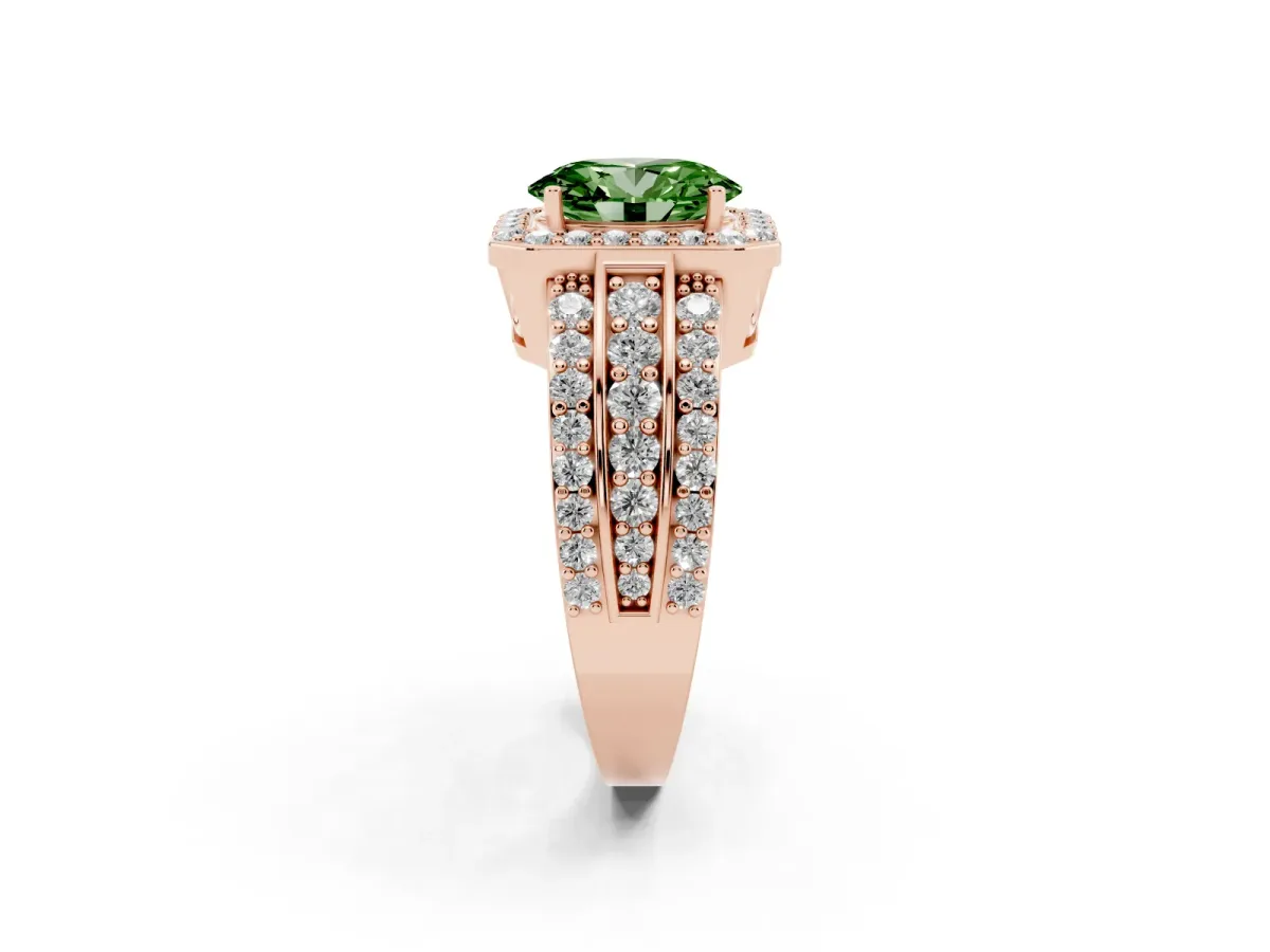 Fancy Green Oval Cut Halo Diamond Ring with Round Split Shank and Prong Setting Rose gold