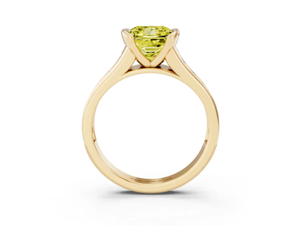 Fancy Yellow Princess Cut Solitaire Bezel-Set Diamond Ring with Channel-Set Band Yellow gold
