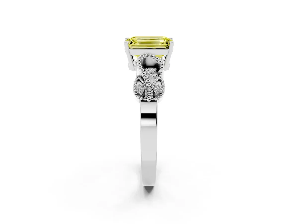 Fancy Yellow Emerald Cut Solitaire Milgrain Leaf Band with Prong Setting White gold