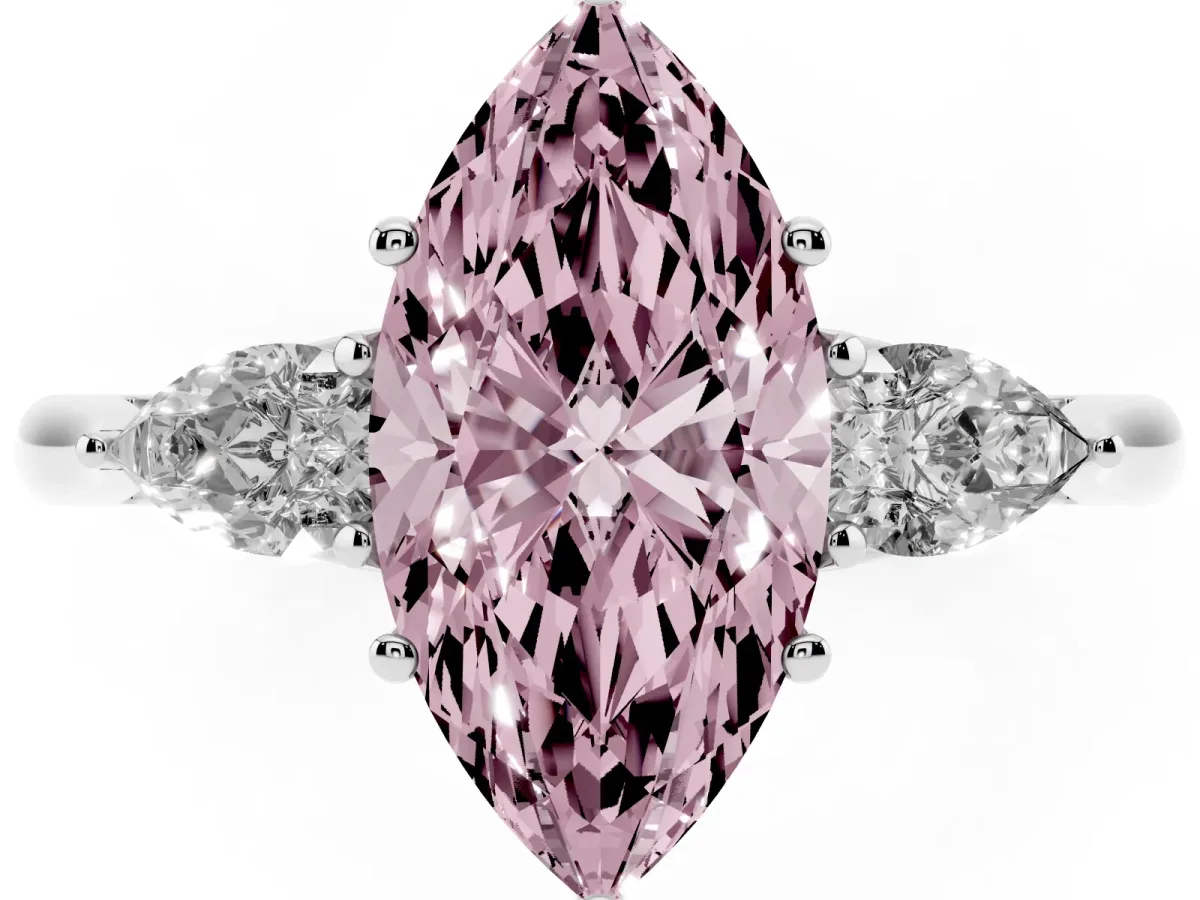 Fancy Pink Three-Stone Marquise Cut Diamond Ring with Pear Side Stones in Four-Prong Setting Silver
