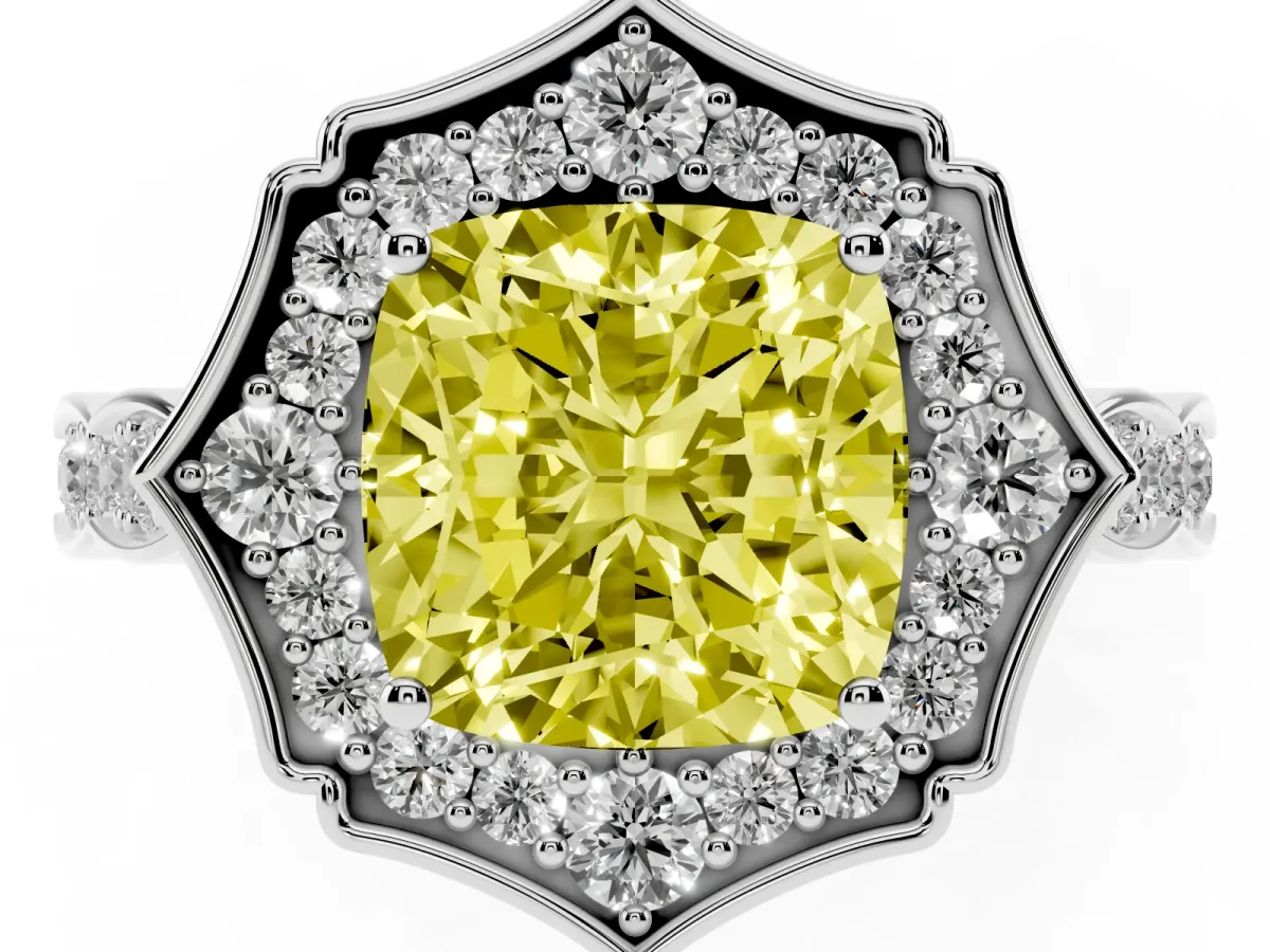 Fancy Yellow Cushion Cut Halo Diamond Engagement Ring with Milgrain Band and Four-Prong Setting White gold