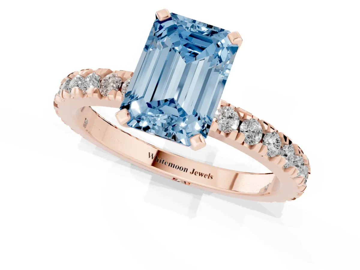 Fancy Blue Emerald Cut Diamond Pavé Band Solitaire with Four-Prong Setting Rose gold