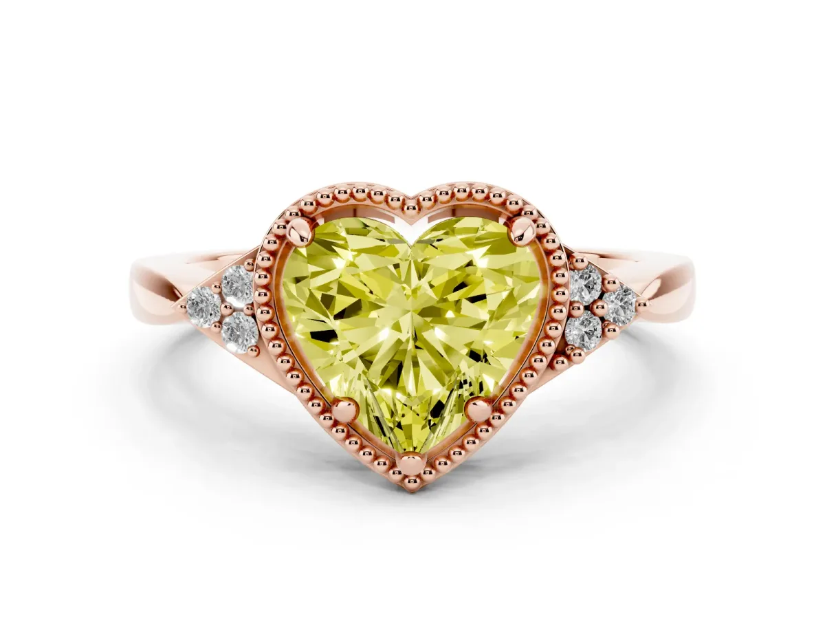Fancy Yellow Milgrain Heart Cut Cut Diamond Ring with Tapered Pave Band and Four Prong Setting Rose gold