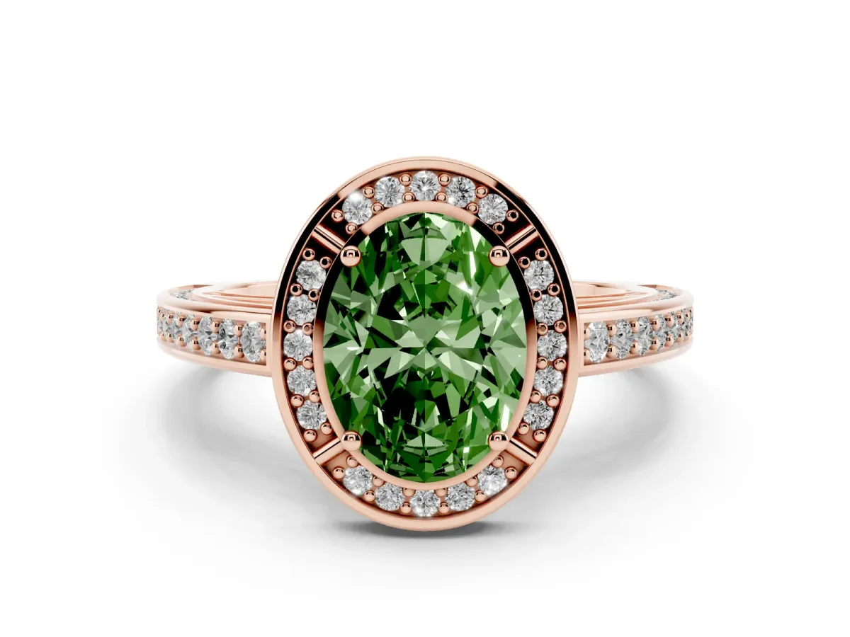Fancy Green Oval Cut Cut Halo Pave Split Shank Prong Setting Ring Rose gold