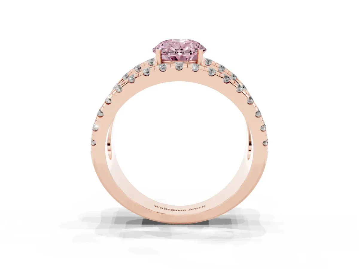 Fancy Pink Oval Cut Solitaire Split Shank Pave Diamond Ring Rose gold