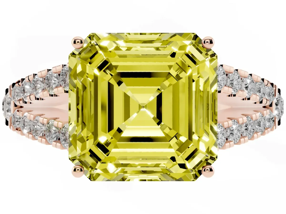 Fancy Yellow Asscher Cut Diamond Split Shank Engagement Ring with Round Pavé and Prong Setting Rose gold