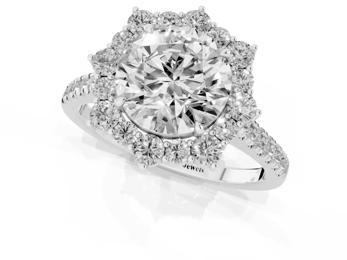 Round Cut Halo Diamond Ring with Pavé Band and Prong Setting Silver