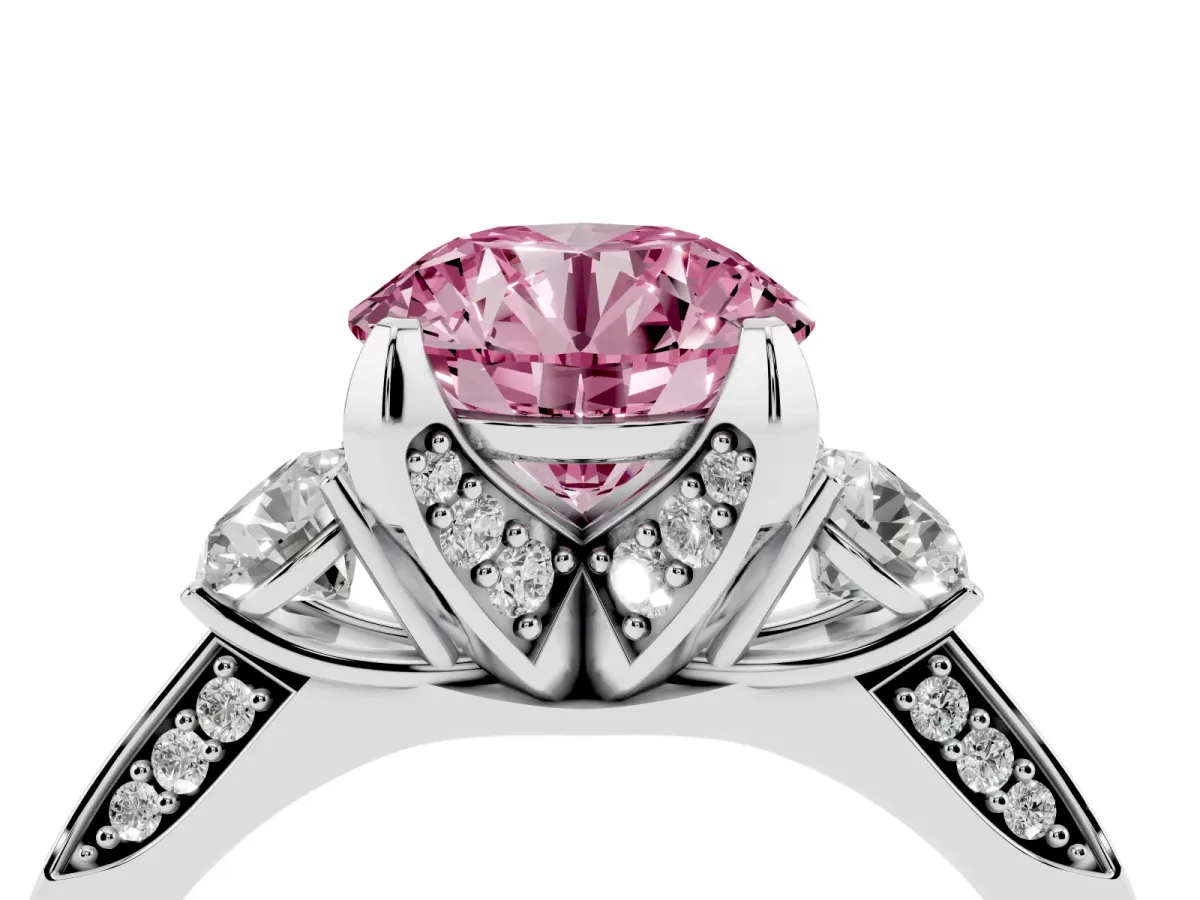 Fancy Pink Round Cut Brilliant Three-Stone Diamond Ring with Pavé Band and Four-Prong Setting White gold