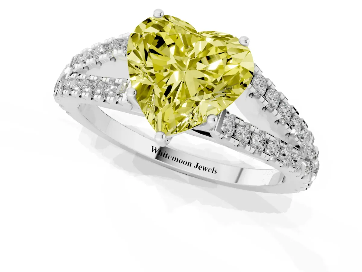 Fancy Yellow Heart Cut Diamond Split Shank Engagement Ring with Round Pavé and Prong Setting Silver
