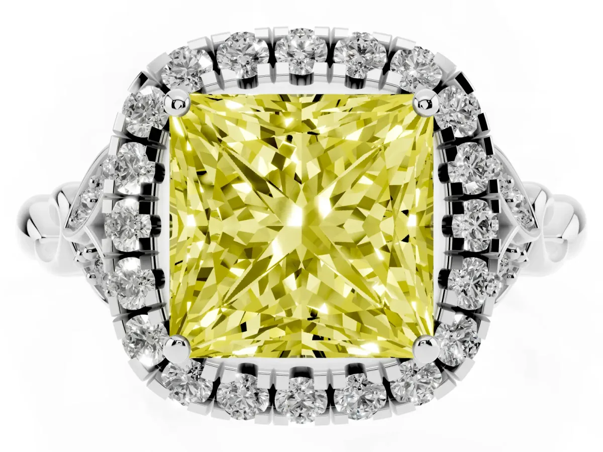 Fancy Yellow Princess Cut Halo Diamond Engagement Ring with Vintage-Inspired Band and Four-Prong Setting White gold