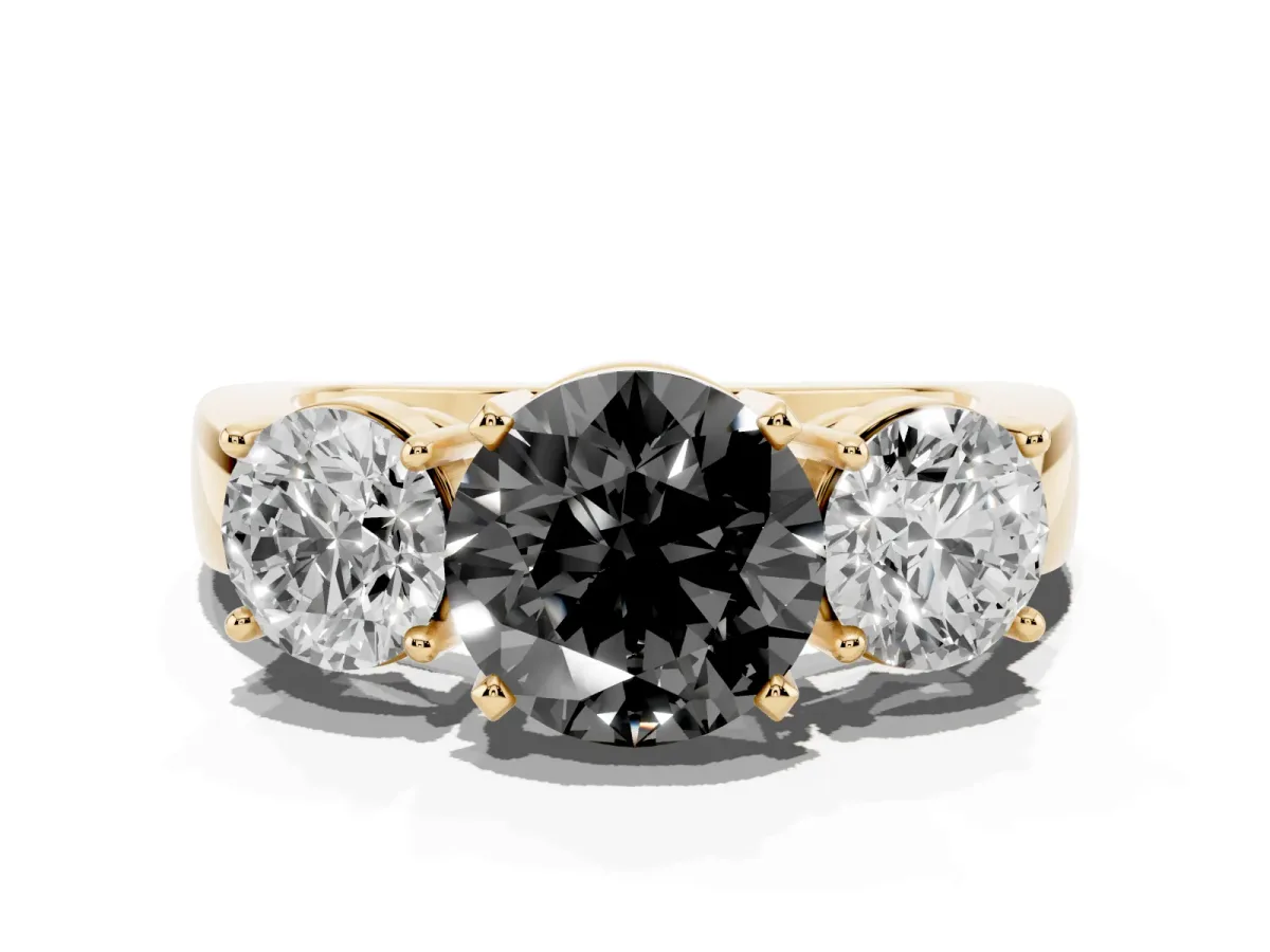 Fancy Black Three-Stone Round Cut Diamond Ring with Round Side Stones, Classic Band, and Four-Prong Setting Yellow gold