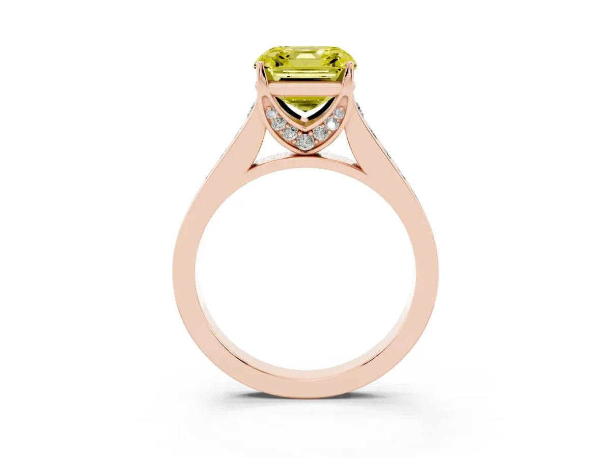 Fancy Yellow Asscher Cut Brilliant Cut Diamond Engagement Ring with Pavé Band and Four-Prong Setting Rose gold