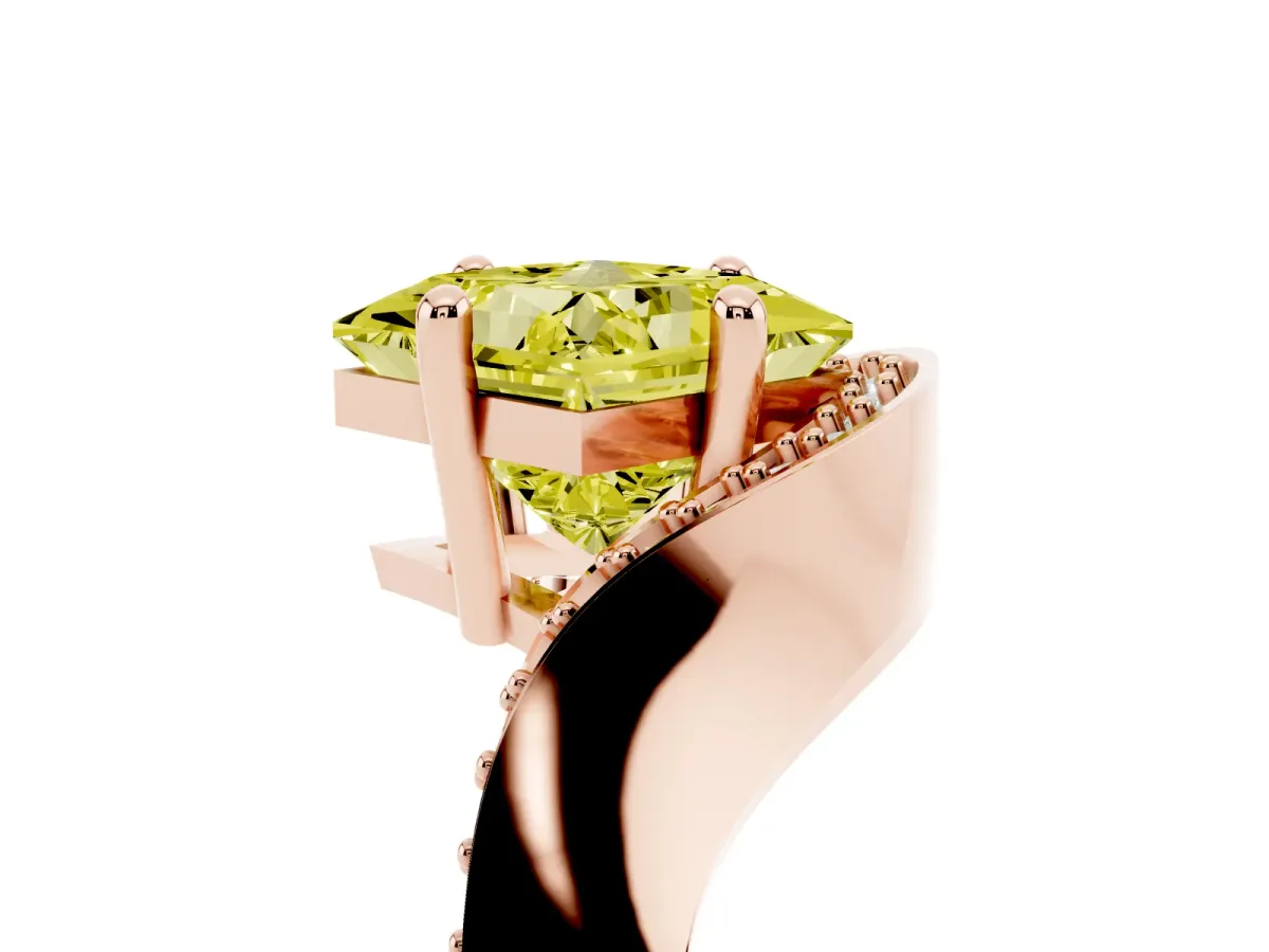 Fancy Yellow Princess Cut Solitaire Diamond Engagement Ring with Pave Band and Four-Prong Setting Rose gold