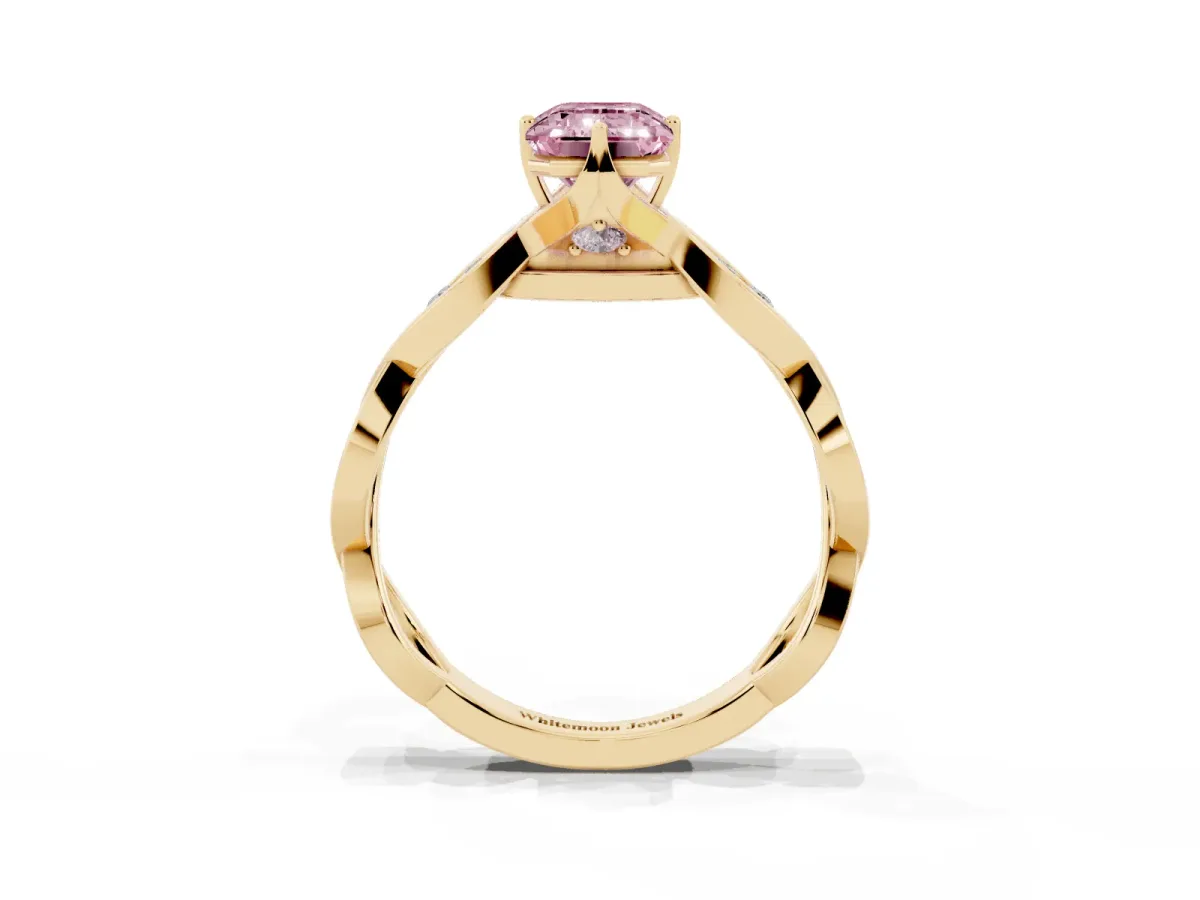 Fancy Pink Emerald Cut Solitaire Twist Band with Leaf Prong Setting Yellow gold