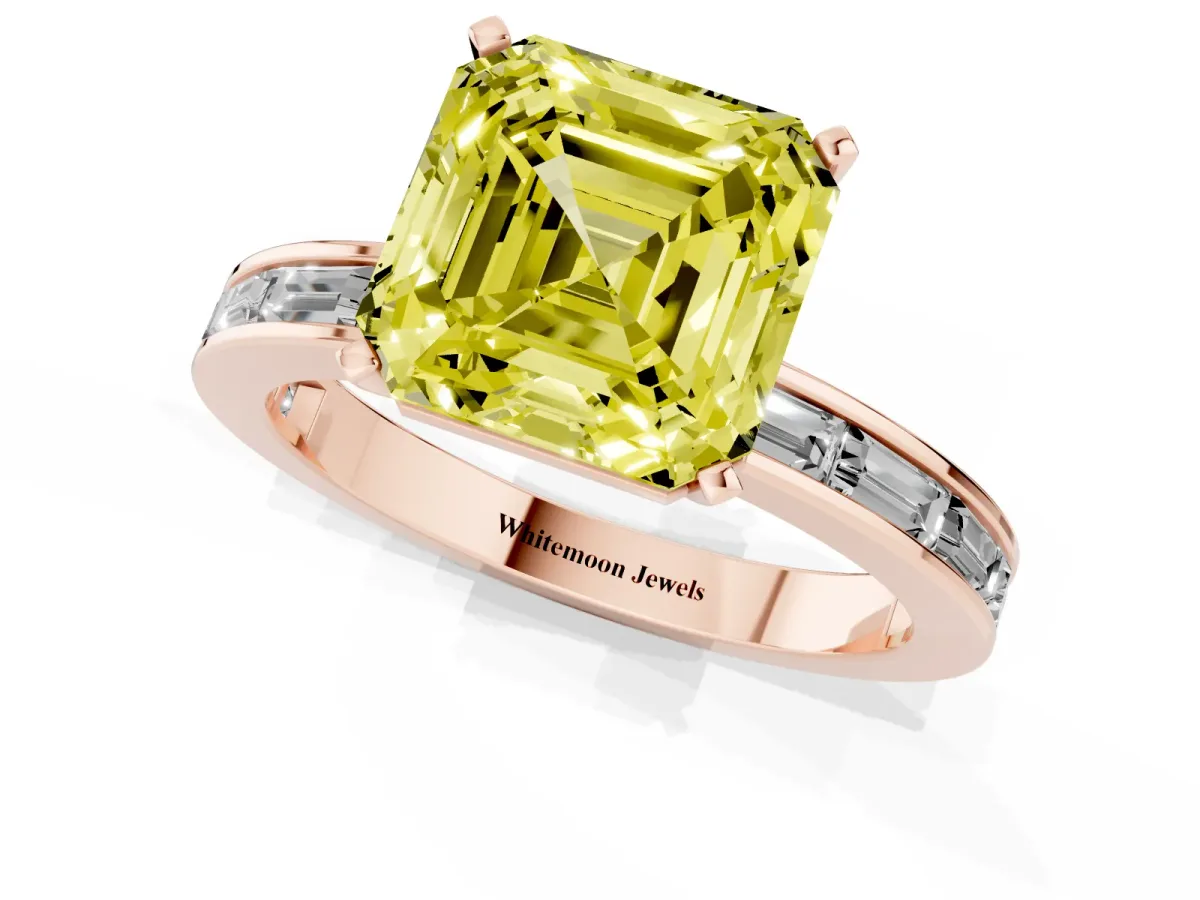 Fancy Yellow Asscher Cut Solitaire Diamond Ring with Channel-Set Baguette Band and Four-Prong Setting Rose gold