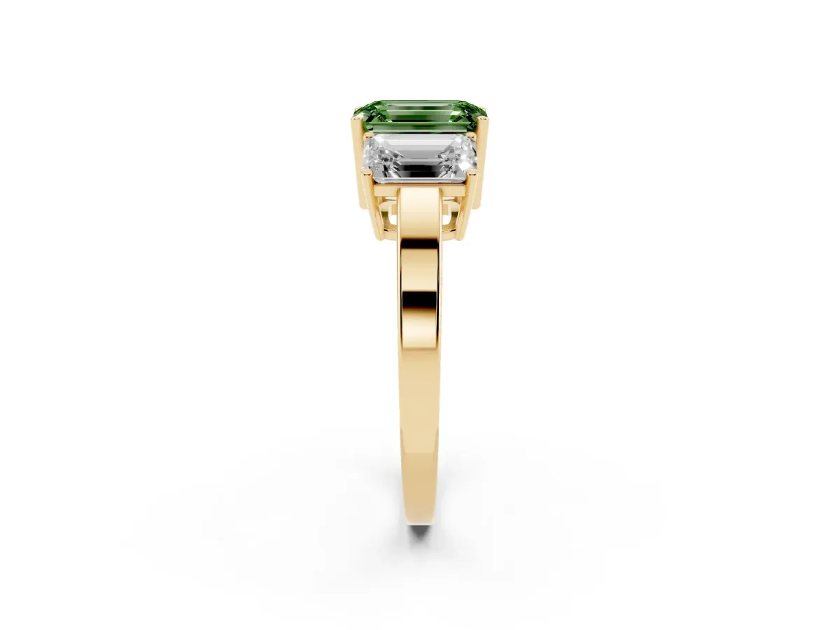 Fancy Green Three-Stone Emerald Cut Cut Diamond Engagement Ring with Flat Band and Four-Prong Setting Yellow gold