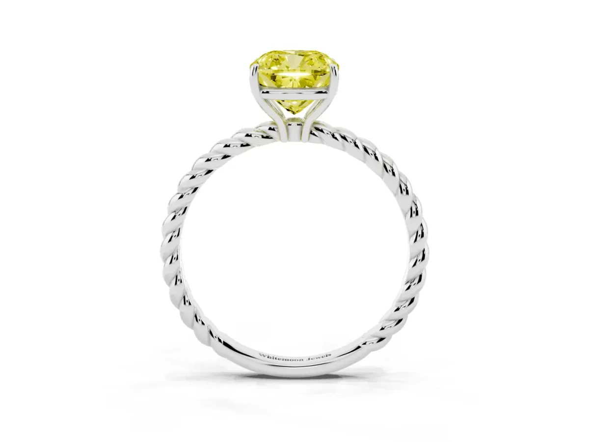 Fancy Yellow Cushion Cut Solitaire Twisted Band 4-Prong Ring Silver