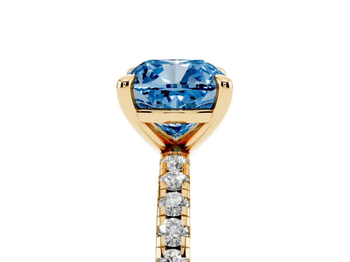 Fancy Blue Cushion Cut Diamond Brilliant Solitaire Ring with Pavé Band and Four-Prong Setting Yellow gold