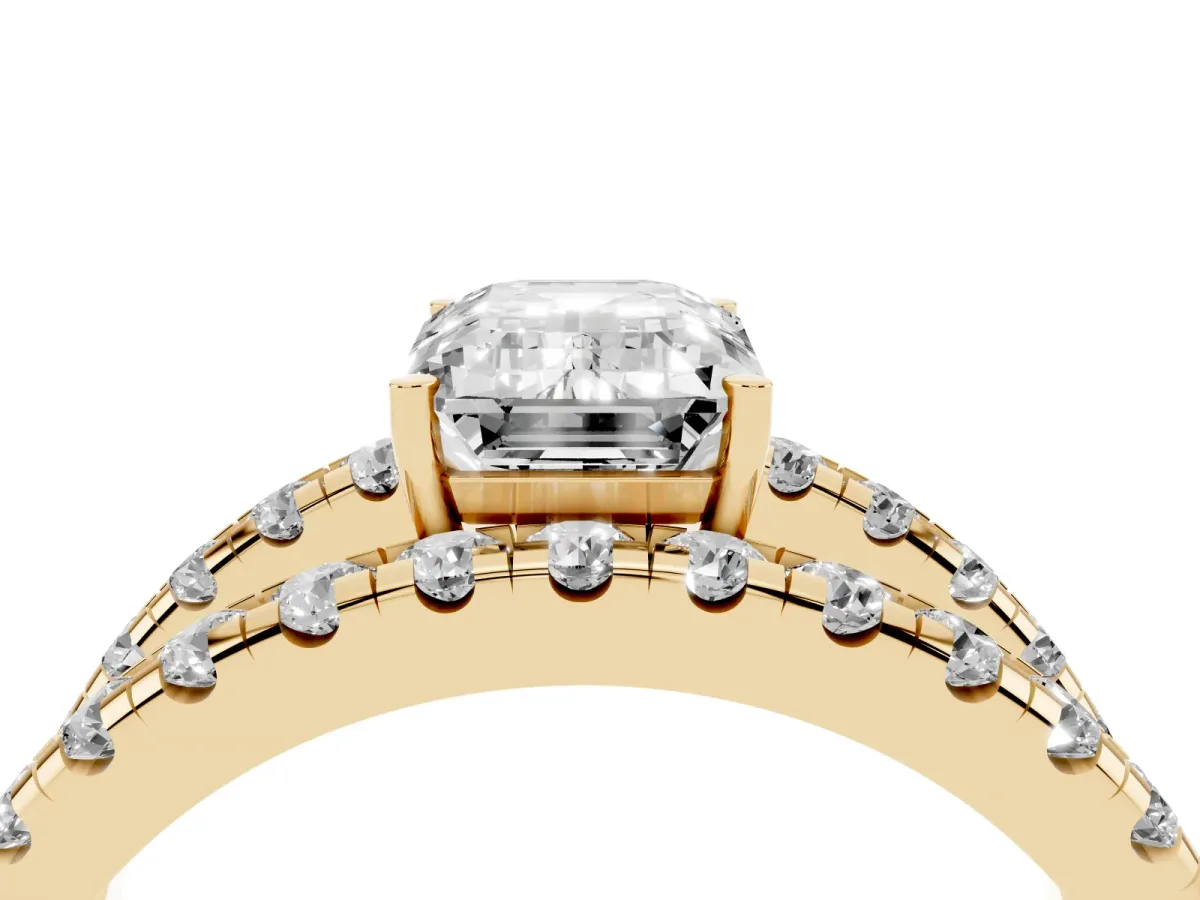 Emerald Cut Solitaire Split Shank Pave Diamond Ring Yellow gold