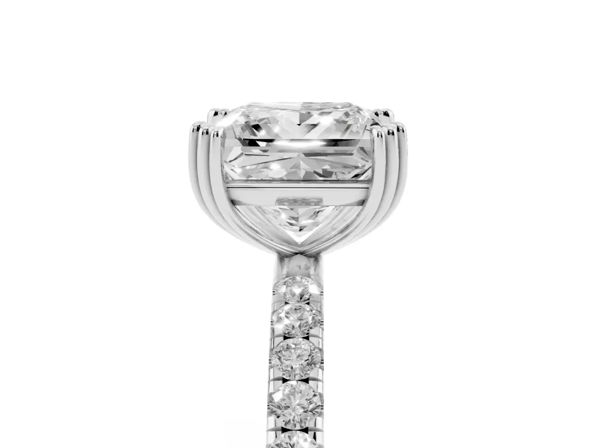 Princess Cut Brilliant Solitaire with Pavé Band and Claw Prong Setting Silver