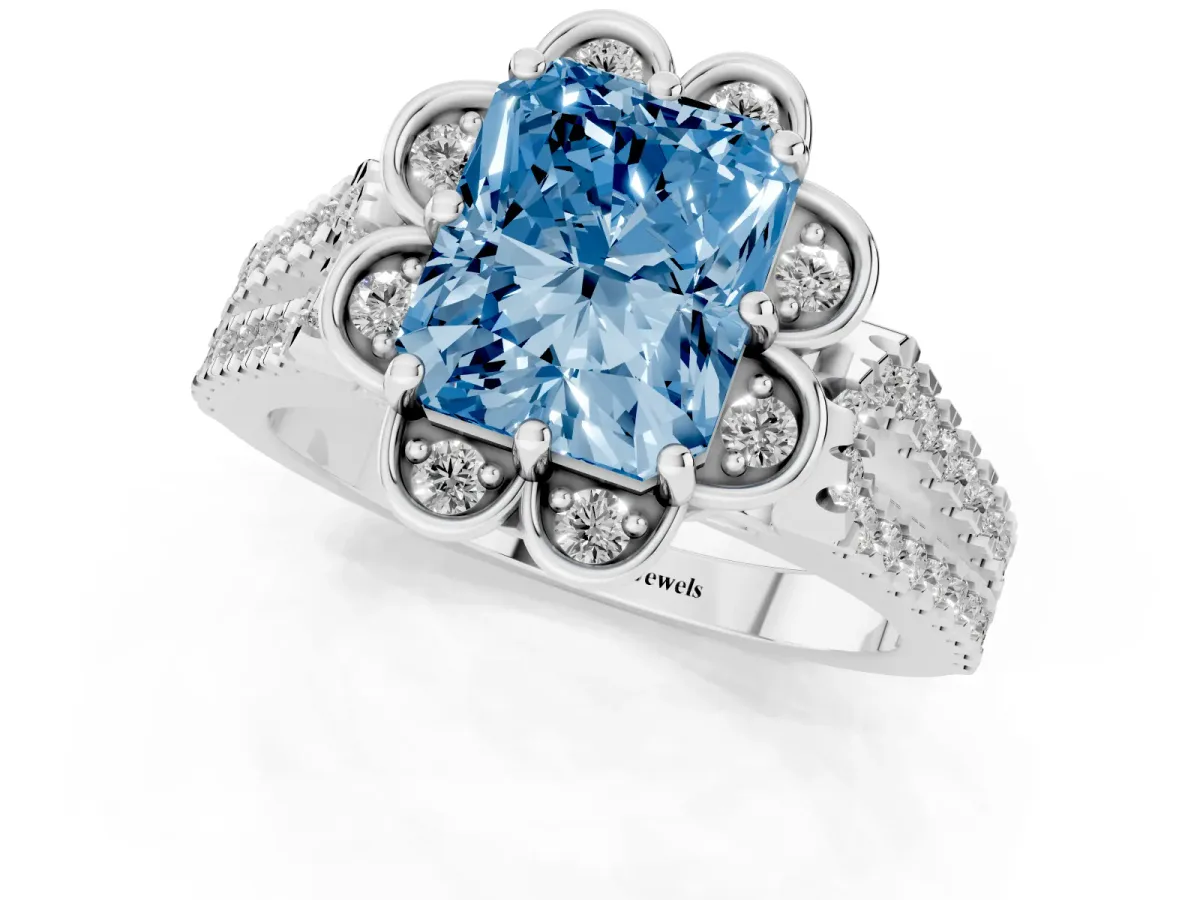 Fancy Blue Radiant Cut Halo Diamond Floral Split Shank Engagement Ring Silver