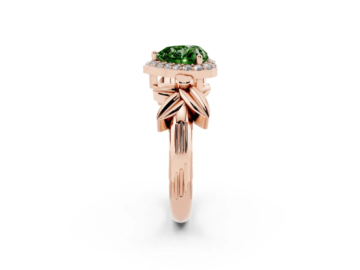 Fancy Green Heart Cut Halo Diamond Floral Band with Four-Prong Setting Rose gold