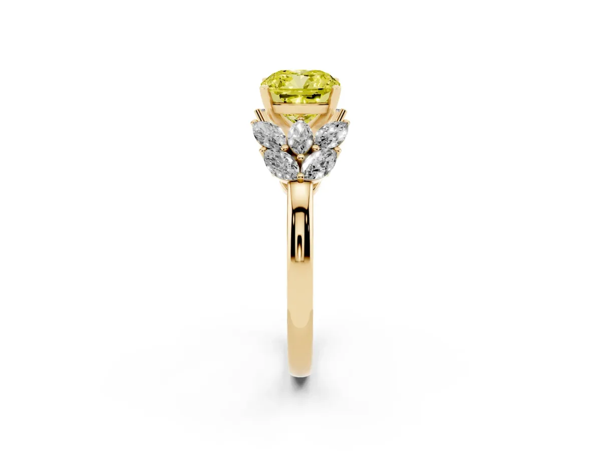 Fancy Yellow Cushion Cut Diamond Cluster Leaf Design Ring with Prong Setting Yellow gold
