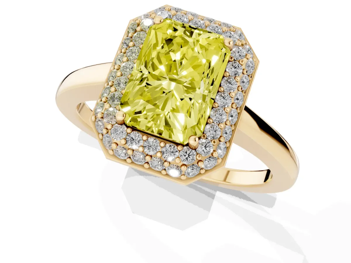 Fancy Yellow Radiant Cut Halo Diamond Engagement Ring with Solitaire Band and Four-Prong Setting Yellow gold