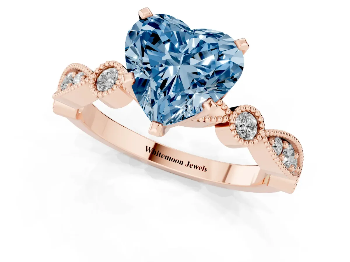 Fancy Blue Heart Cut Milgrain Bezel Diamond Engagement Ring with Solitaire Prong Setting Rose gold