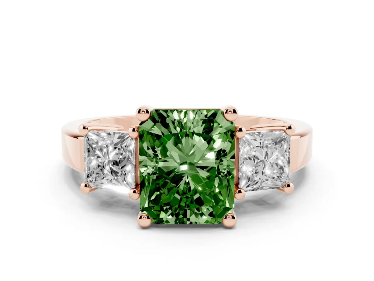 Fancy Green Three-Stone Radiant Cut Cut Solitaire Ring with Prong Setting Rose gold