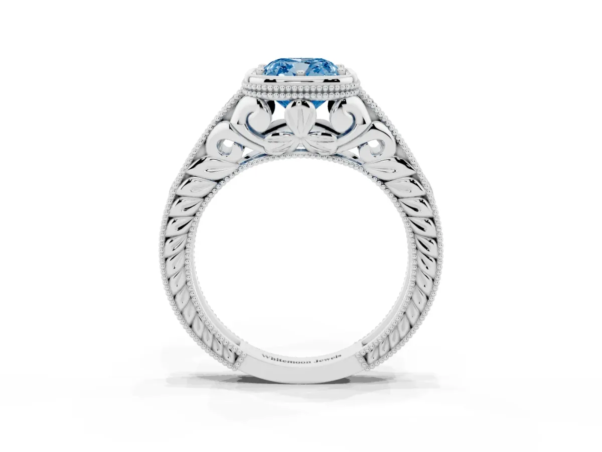 Fancy Blue Bezel Set Cushion Cut Diamond Milgrain Pave Engagement Ring Silver